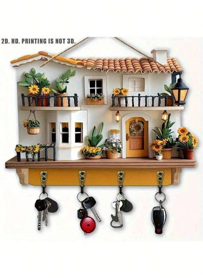 Decorative House Wall Key Holder with Hooks – Mini Cottage Design Wall Decor – Wooden-Style Key Rack with 4 Hooks – Entryway Organizer (2D Flat) - Image 5
